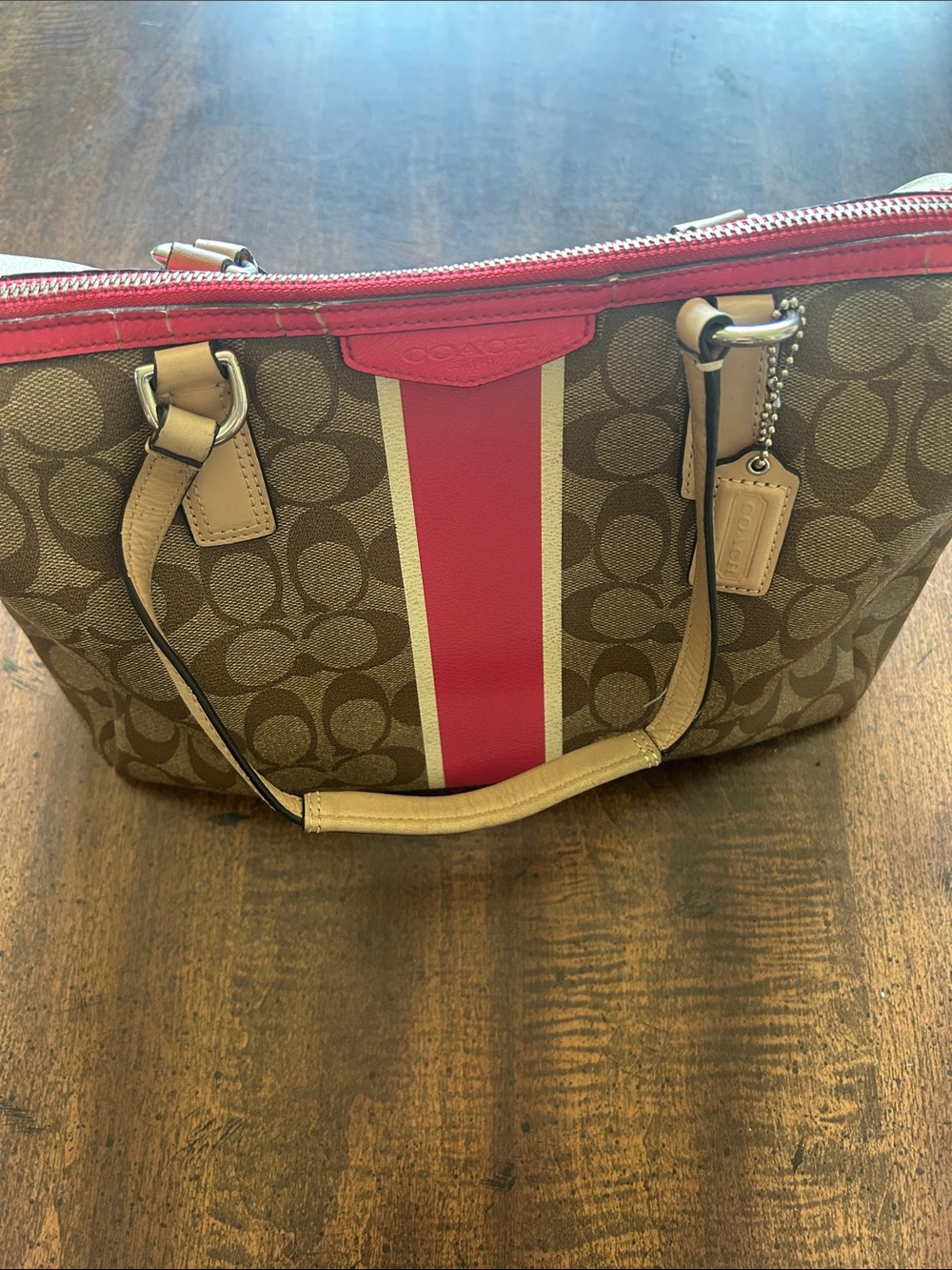Coach Brown Signature Canvas Tote with Pink and Cream Center Stripe